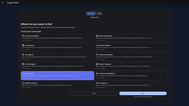 Career goal selection showing available career paths for personalized roadmap generation